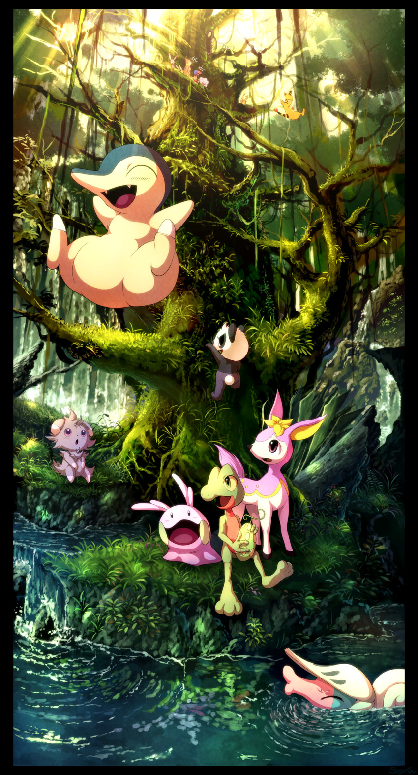 ampharos archen archeops black_border blush border buizel bunnelby cyndaquil day espurr fangs food gen_2_pokemon gen_3_pokemon gen_4_pokemon gen_5_pokemon gen_6_pokemon goomy highres holding holding_food jirachi karamimame legendary_pokemon mawile moss mythical_pokemon nintendo no_humans open_mouth outdoors pancham plant pokemon pokemon_(creature) pokemon_mystery_dungeon pokemon_super_mystery_dungeon ripples rock shelmet slurpuff swirlix tree vines