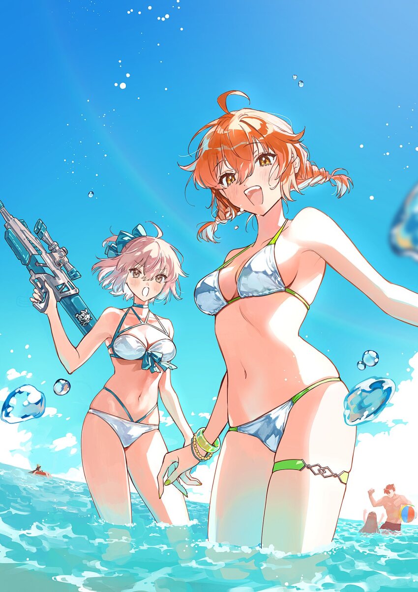 ahoge ball beachball bikini black_hair bracelet braid breasts brown_hair chacha_(fate) fate/grand_order fate_(series) fujimaru_ritsuka_(female) green_nails highres jewelry medium_breasts mori_nagayoshi_(fate) navel ocean oda_nobunaga_(fate) okita_j._souji_(fate) okita_j._souji_(third_ascension)_(fate) okita_souji_(fate) orange_eyes orange_hair pink_hair red_hair swimsuit thigh_strap twin_braids uni_(nico02) water_gun white_bikini