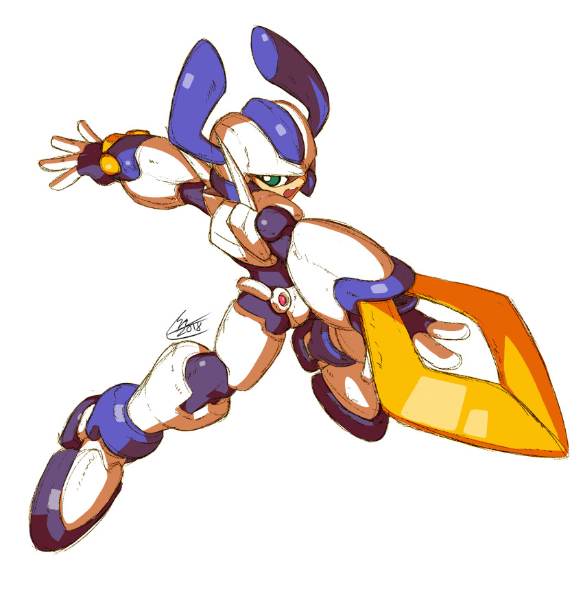 1girl arm_blade black_bodysuit bodysuit brown_hair cosplay cropped_jacket crossover crotch_plate green_eyes highres horns jacket medarot mega_man_(series) mega_man_zx open_clothes rokusho_(medarot) rokusho_(medarot)_(cosplay) short_hair shoutaro_saito signature simple_background vent_(mega_man) weapon white_background