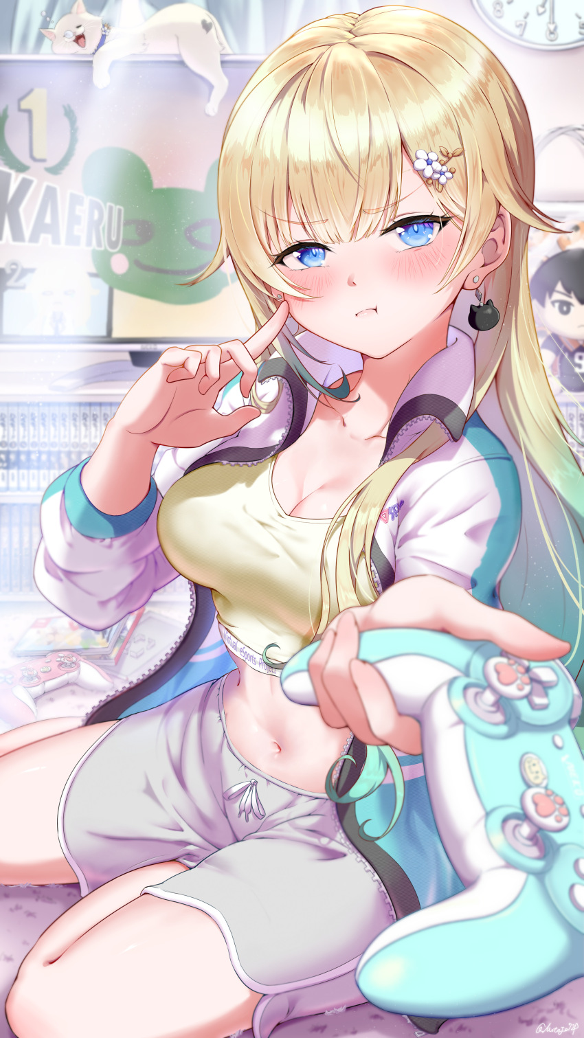 1girl :t absurdres aizawa_ema blonde_hair blue_eyes blunt_bangs blush breasts casual cat cat_earrings cleavage clock clothes_writing controller copyright_name crop_top earrings finger_to_cheek flower foreshortening game_controller gradient_hair green_hair hair_flaps hair_flower hair_ornament hairclip highres index_finger_raised jacket large_breasts long_hair motoja_72p multicolored_hair navel open_clothes open_jacket pink_shorts pout shorts sitting solo stomach tank_top television virtual_youtuber vspo! wall_clock yellow_tank_top zipper