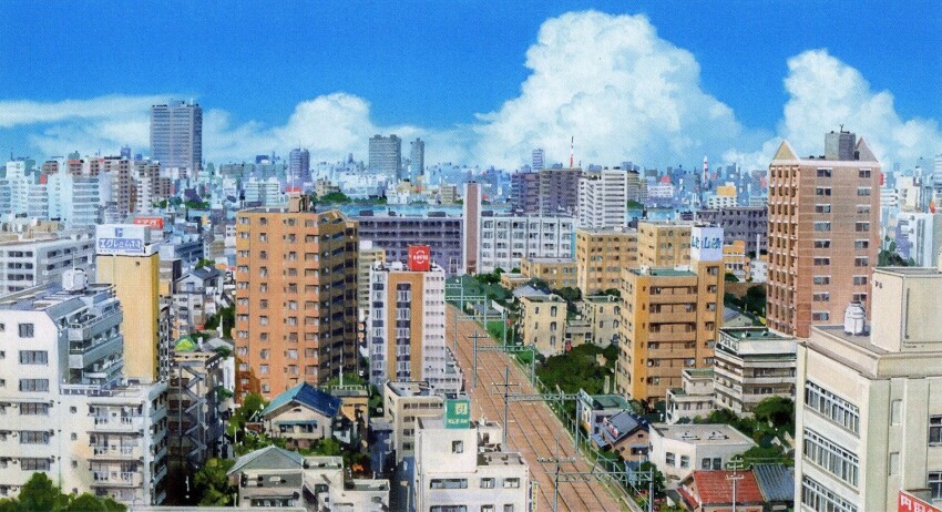 architecture artist_request blue_sky city cityscape cloud contemporary cumulonimbus_cloud from_above highres no_humans official_art painting_(medium) railroad_tracks realistic scan scenery sky third-party_source toki_wo_kakeru_shoujo traditional_media urban wide_shot