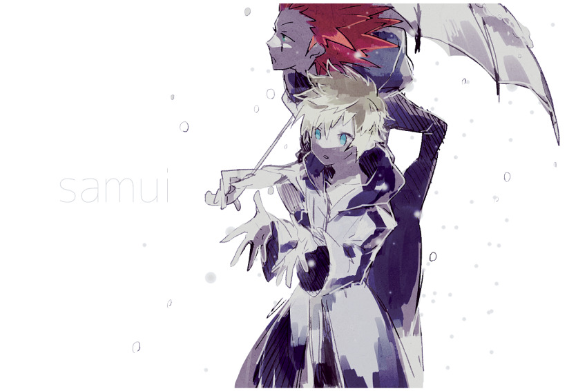 2boys aqua_eyes axel_(kingdom_hearts) black_coat_(kingdom_hearts) blonde_hair border closed_mouth coat domu_(hamadura) facial_mark hair_between_eyes holding holding_umbrella hood hood_down hooded_coat kingdom_hearts kingdom_hearts_ii long_sleeves looking_up male_focus multiple_boys outstretched_hand red_hair roxas snow snowing spiked_hair standing umbrella white_border wide_sleeves