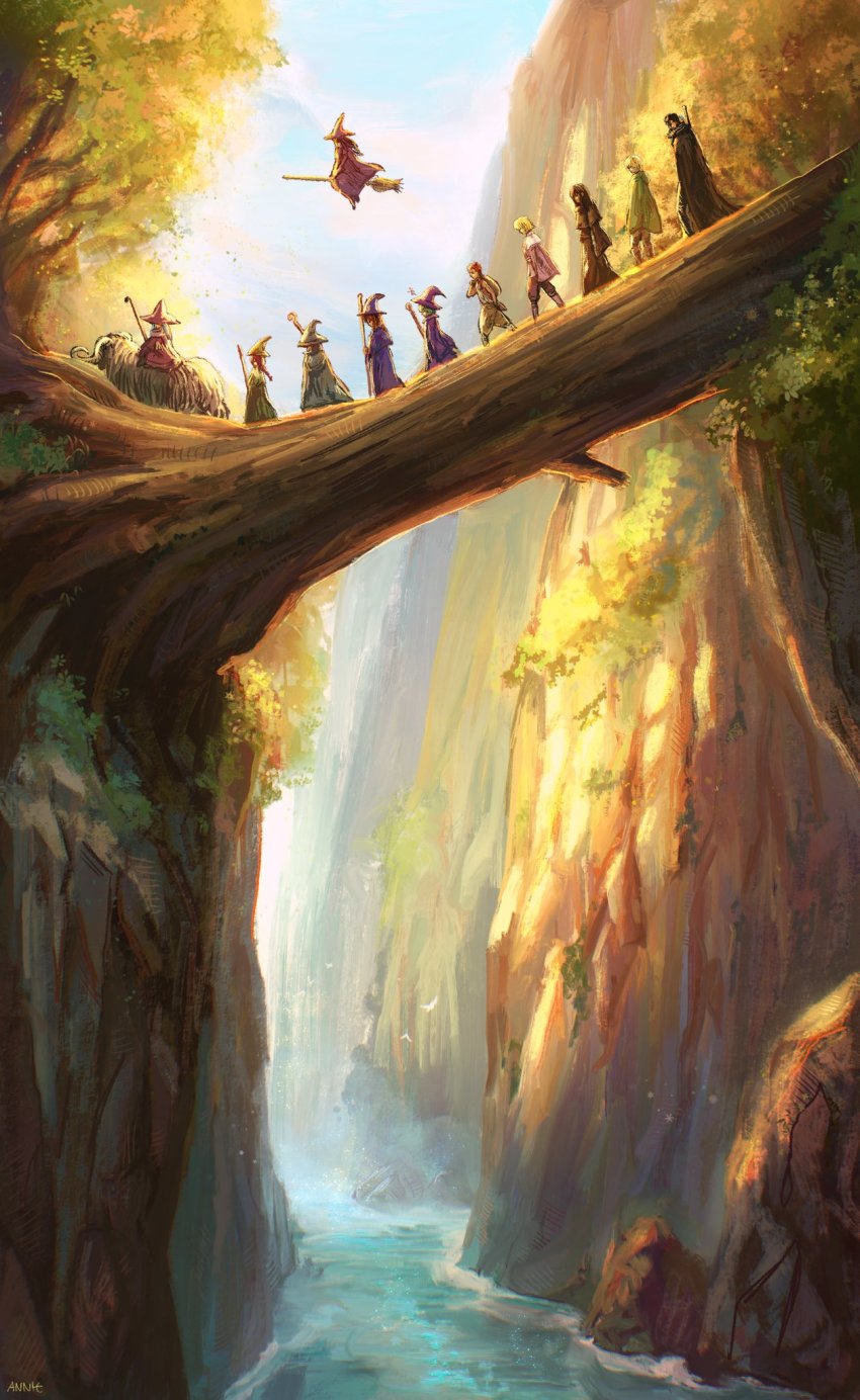 4boys 5girls anniechromes artist_name berserk black_hair blonde_hair broom broom_riding casca_(berserk) cloak commentary dragonslayer_(sword) english_commentary fairy fairy_wings farnese_(berserk) green_hair guts_(berserk) hat highres isidro_(berserk) ivalera log long_hair morda multiple_boys multiple_girls nature orange_hair outdoors puck_(berserk) schierke_(berserk) serpico_(berserk) spiked_hair staff standing tree walking water wings witch witch_hat
