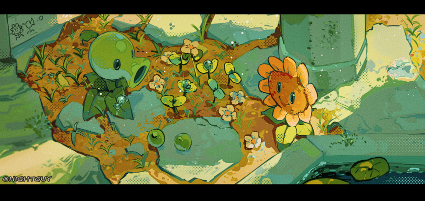 flower highres hightguy no_humans peas peashooter_(plants_vs_zombies) plants_vs_zombies smile soil sunflower_(plants_vs_zombies)