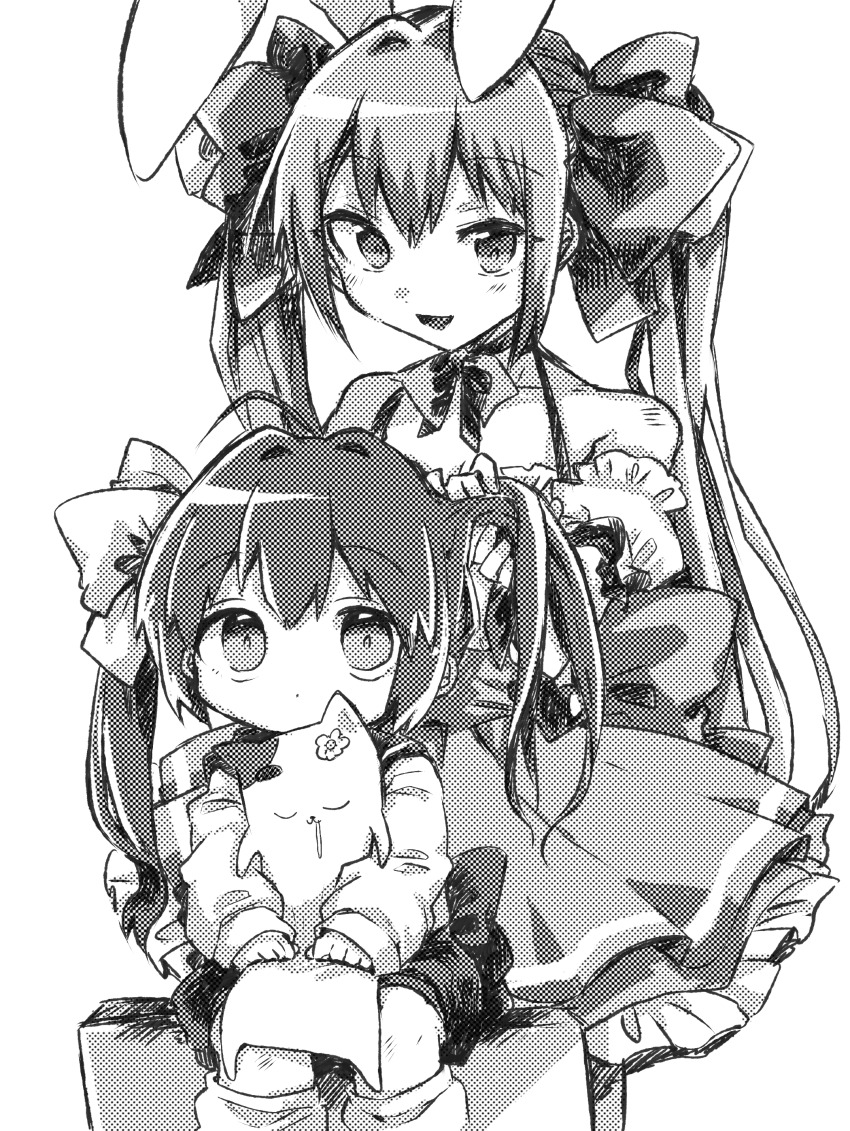 2girls absurdres animal animal_ears cat closed_mouth di_gi_charat dress drooling greyscale hair_between_eyes hair_ribbon highres hokke_mirin holding holding_animal holding_cat long_hair monochrome mouth_drool multiple_girls open_mouth puchiko rabbit_ears ribbon sitting twintails tying_another&#039;s_hair usada_hikaru wadante