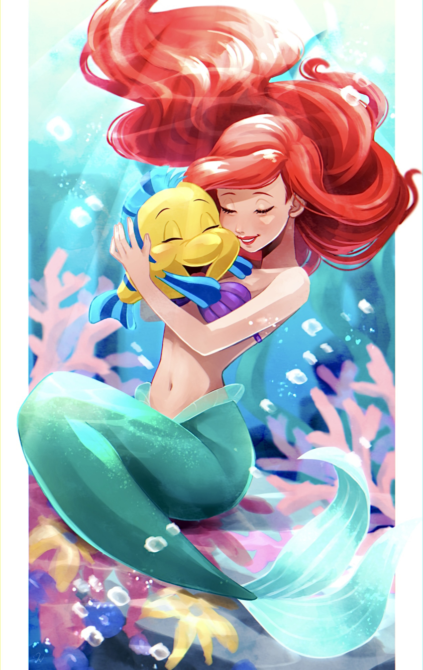 1girl air_bubble ariel_(disney) bikini bubble closed_eyes coral disney fish floating_hair flounder_(the_little_mermaid) highres lipstick makeup mermaid monster_girl navel purple_bikini red_hair red_lips shell shell_bikini smile solo swimsuit the_little_mermaid_(disney) tsunko_(9v2_q) underwater