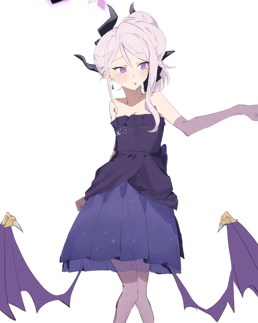 1girl alternate_costume bare_shoulders black_halo black_horns black_ribbon black_thighhighs blue_archive blush breasts clenched_hand clothes_lift clothes_pull collarbone cowboy_shot crescent_print demon_girl demon_horns demon_wings dress dress_lift dress_pull earrings elbow_gloves evening_gown fluffy_hair garter_straps gloves hair_between_eyes hair_ribbon halo head_tilt highres hina_(blue_archive) hina_(dress)_(blue_archive) horns jewelry long_hair looking_at_viewer looking_to_the_side low_wings multicolored_halo multiple_horns no_neckwear official_alternate_costume official_alternate_hairstyle ponytail print_dress purple_dress purple_eyes purple_gloves purple_halo reaching reaching_towards_another ribbon sidelocks simple_background single_earring small_breasts solo starry_sky_print strapless strapless_dress thighhighs triangle_mouth two-tone_halo white_background white_hair wing_ornament wings yamanonba