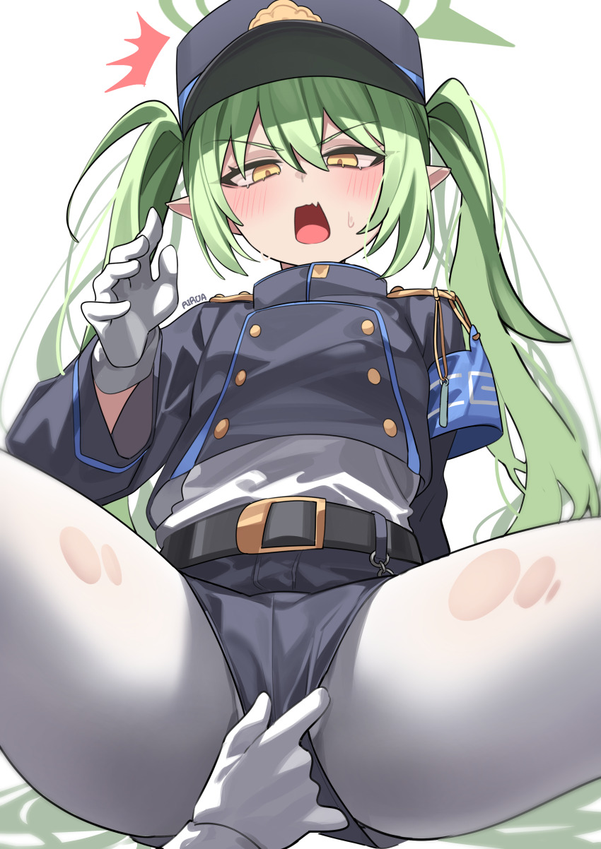 1girl absurdres armband belt belt_buckle black_belt blue_archive blue_armband blue_hat blue_jacket blue_shorts blush buckle buttons cropped_jacket fang gloves green_hair green_halo hair_between_eyes halo hat highres jacket long_hair long_sleeves nozomi_(blue_archive) open_mouth pantyhose pantyhose_under_shorts rirua_(kjom802) shirt shorts skin_fang solo twintails very_long_hair white_background white_gloves white_pantyhose yellow_eyes
