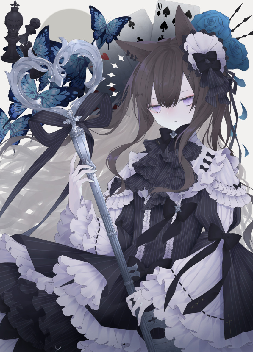 1girl absurdres animal_ears ascot black_ascot black_bow black_bowtie black_dress blue_butterfly blue_flower blue_rose bow bowtie brown_hair bug butterfly cat_ears cat_girl chess_piece closed_mouth commentary cowboy_shot dress ear_ribbon flower frilled_dress frilled_sleeves frills hair_ornament highres holding holding_key insect key king_(chess) kotarou_(kot_mochi) large_key long_sleeves original oversized_object pawn_(chess) purple_eyes ribbon-trimmed_sleeves ribbon_trim rook_(chess) rose solo wide_sleeves x_hair_ornament