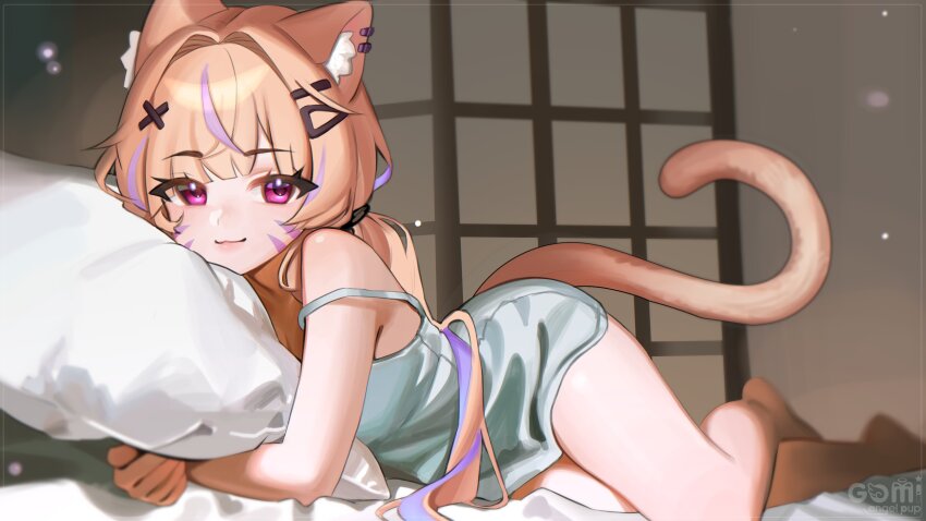 1girl :3 absurdres animal_ear_fluff animal_ears blonde_hair cat_ears cat_girl cat_tail commission dress earrings facial_mark gomi_(gomiwaan) hair_ornament hairclip highres indie_virtual_youtuber jewelry long_hair looking_at_viewer lying multicolored_hair red_eyes shyrei_faolan solo strap_slip streaked_hair tail two-tone_hair virtual_youtuber whisker_markings