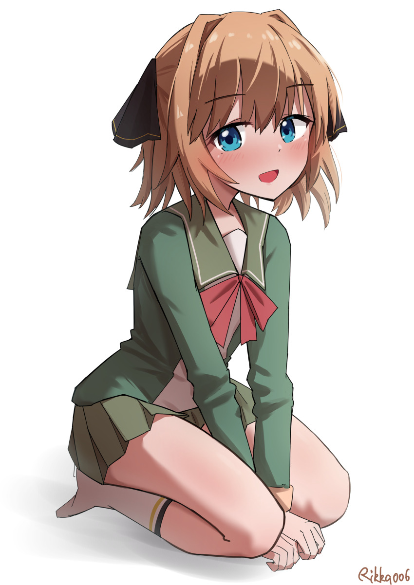 1girl absurdres black_ribbon blue_eyes bow brown_hair green_hair green_jacket green_sailor_collar green_skirt hachijou_(kancolle) hair_ribbon highres jacket kantai_collection long_sleeves neck_ribbon one-hour_drawing_challenge red_bow ribbon rikka006 sailor_collar school_uniform seiza serafuku short_hair simple_background sitting skirt socks solo twitter_username v_arms white_background white_socks