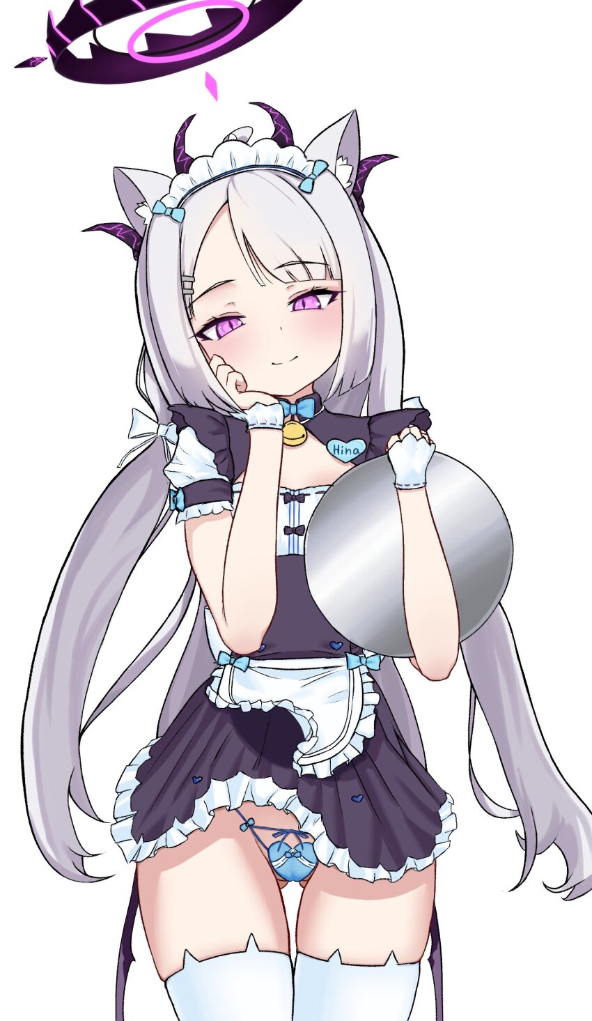 1girl alternate_costume animal_ear_fluff animal_ear_legwear animal_ears apron aspid_r bell black_halo blue_archive blue_bow blue_panties blush bow buttons cat_ear_legwear cat_ear_thighhighs cat_ears cat_thighhighs character_name cosplay cowboy_shot gold_bell grey_hair hair_ribbon halo heart heart_button highres hina_(blue_archive) long_hair looking_at_viewer low_twintails maid maid_apron maid_headdress name_tag neck_bell nekopara panties pink_eyes ribbon slit_pupils socks solo solo_focus thighhighs twintails underwear upskirt vanilla_(nekopara) vanilla_(nekopara)_(cosplay) vanilla_(sayori)_(cosplay) very_long_hair white_background white_ribbon white_socks white_thighhighs wrist_cuffs