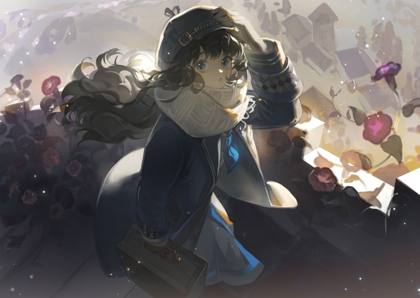 1girl :o absurdres adjusting_clothes adjusting_headwear backlighting battlement blue_coat blue_eyes blue_neckerchief brown_gloves brown_hair cabbie_hat coat dress feet_out_of_frame floating_hair flower from_above gloves grey_hat hand_on_headwear hand_up hat highres holding holding_suitcase house long_dress long_hair long_sleeves looking_at_viewer looking_up marcus_(reverse:1999) morning_glory neckerchief purple_flower reverse:1999 scarf sceed solo suitcase white_dress white_scarf