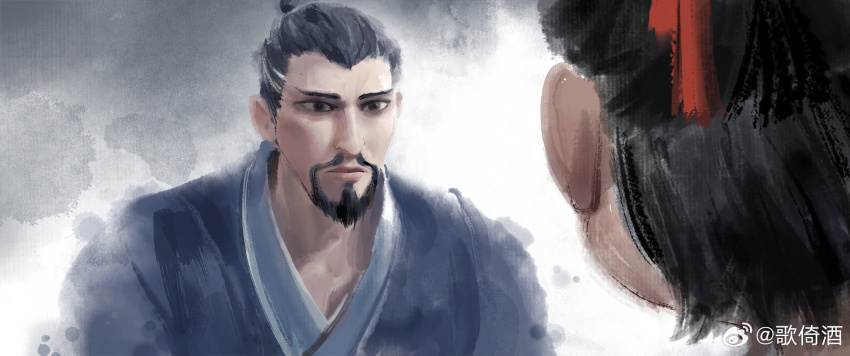 beard black_eyes black_hair chinese_clothes facial_hair facing_away father_and_son faux_traditional_media goatee grey_hanfu hanfu highres ink_wash_painting li_jing_(nezha_zhi_motong_jiangshi) looking_at_another mature_male mustache nezha_(nezha_zhi_motong_jiangshi) nezha_zhi_motong_jiangshi official_art short_hair watermark weibo_watermark wenxu_xu