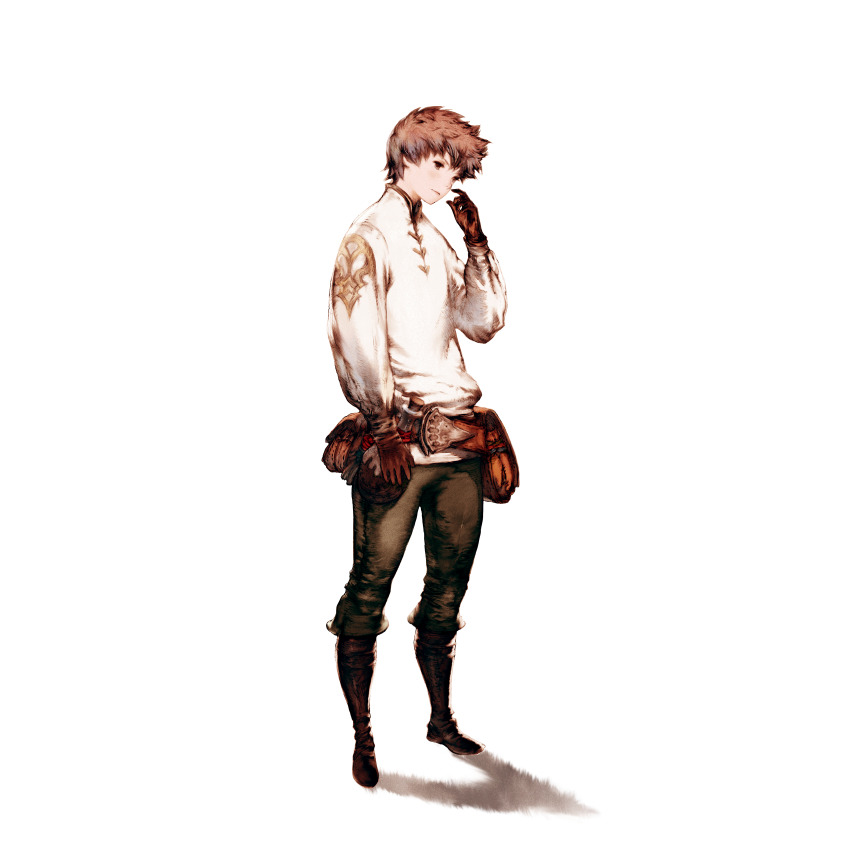 1boy absurdres belt belt_pouch black_pants boots bravely_default:_flying_fairy bravely_default_(series) brown_belt brown_boots brown_eyes brown_gloves brown_hair closed_mouth full_body gloves highres knee_boots long_sleeves looking_down male_focus official_art pants pouch protected_link psd_available second-party_source shirt short_hair simple_background solo standing tiz_arrior white_background white_shirt yoshida_akihiko