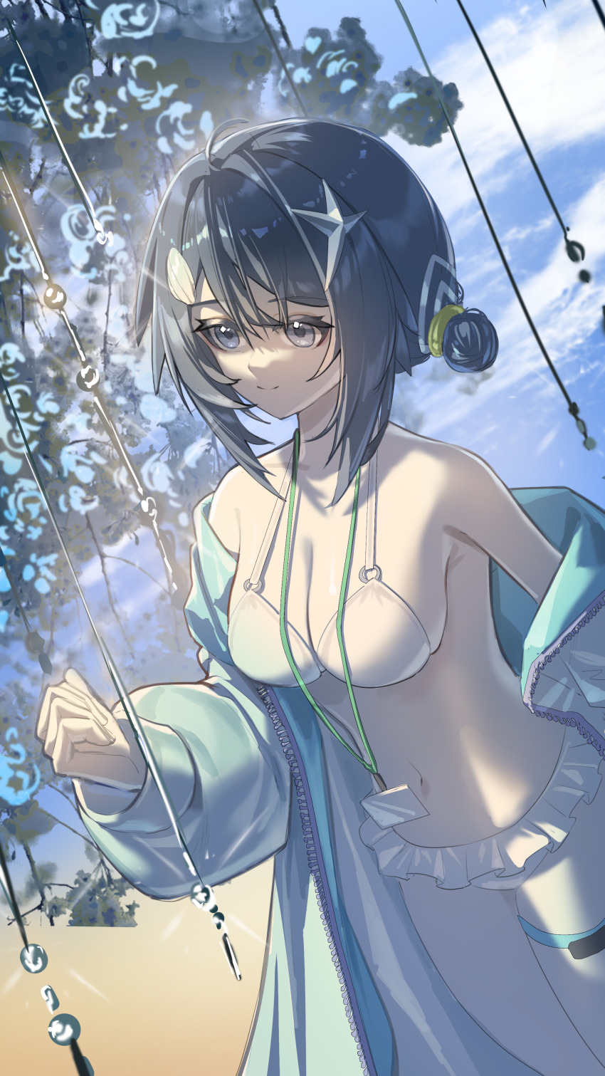 1girl absurdres arknights bikini blue_eyes blue_hair breasts cleavage closed_mouth cowboy_shot hair_bun highres la_pluma_(arknights) la_pluma_(summer_flowers)_(arknights) medium_breasts navel official_alternate_costume shale smile solo summer swimsuit white_bikini