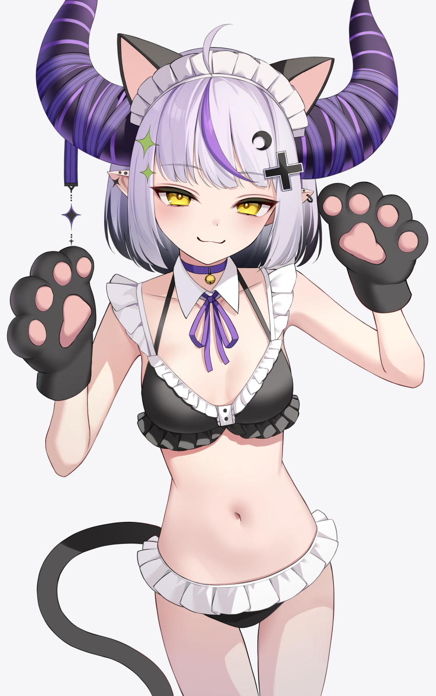 1girl :3 absurdres ahoge animal_ear_fluff animal_ears animal_hands bell bikini black_bikini black_hair black_horns blunt_bangs breasts cat_ears cat_girl choker closed_mouth commentary commission cowboy_shot crescent crescent_hair_ornament cross_hair_ornament demon_horns detached_collar earrings frilled_bikini frills gloves gradient_hair grey_hair hair_ornament hand_up highres hololive horn_ornament horn_ribbon horns jewelry la+_darknesss looking_at_viewer maid_headdress multi-strapped_bikini_top multicolored_hair navel neck_bell neck_ribbon paw_gloves pointy_ears purple_choker purple_hair purple_ribbon ribbon shin_insh short_hair simple_background skeb_commission slit_pupils small_breasts smile solo streaked_hair striped_horns swimsuit tail virtual_youtuber white_background yellow_eyes