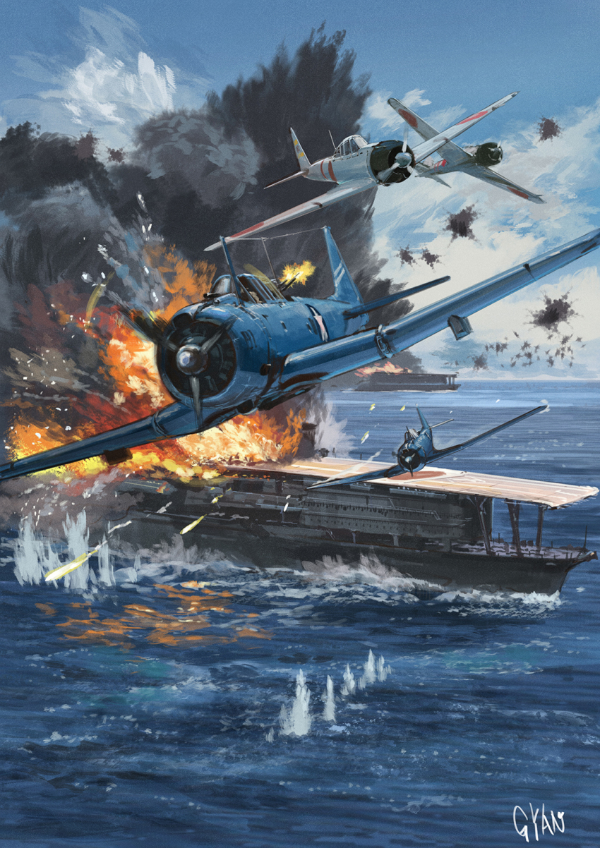 a6m_zero aircraft aircraft_carrier airplane battle commentary_request explosion fire gun gyan_(akenosuisei) highres huge_filesize imperial_japanese_navy machine_gun military military_vehicle no_humans ocean original propeller_fighter sbd_dauntless scenery ship sky united_states_navy vehicle_focus warship water watercraft weapon world_war_ii