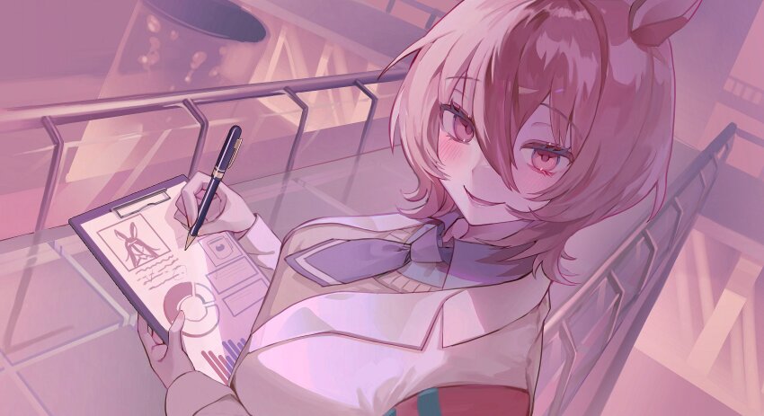 1girl absurdres agnes_tachyon_(umamusume) animal_ears black_necktie black_shirt breasts brown_hair clipboard coat collared_shirt graph hair_between_eyes highres holding holding_clipboard holding_pen horse_ears horse_girl lab_coat large_breasts medium_hair necktie open_clothes open_coat paper parted_lips pen railing real_bongee red_eyes shirt short_necktie smile solo sweater umamusume white_coat wolf_cut yellow_sweater