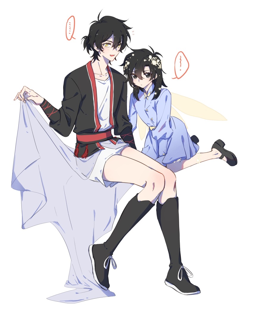 ... 1boy absurdres aged_down alternate_costume black_boots black_eyes black_hair black_jacket black_shoes blue_dress blush boots cheng_xiaoshi closed_mouth clothes_lift collarbone crossdressing dongyoufusang dress dual_persona eyelashes fairy fairy_wings flower full_body hair_between_eyes hair_flower hair_ornament highres invisible_chair jacket knee_boots kneeling long_hair long_sleeves looking_at_another mary_janes medium_hair open_clothes open_mouth ponytail red_sash sash shiguang_dailiren shirt shoes short_dress short_hair short_ponytail shorts simple_background sitting skirt skirt_lift smile speech_bubble spoken_ellipsis trap white_background white_dress white_flower wings yellow_eyes