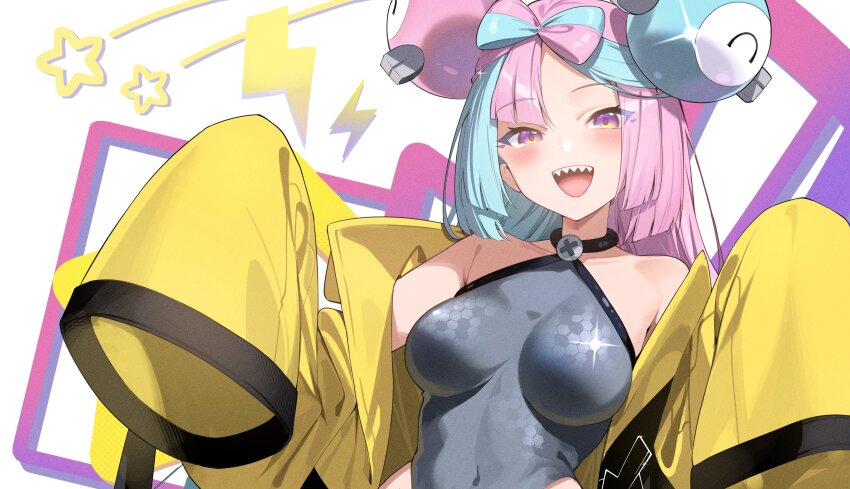 1girl absurdres aqua_hair black_choker black_jacket blush bow-shaped_hair breasts character_hair_ornament choker collarbone commentary covered_navel double_bun english_commentary fake_hair_bun grey_leotard hair_bun hair_ornament highres iono_(pokemon) jacket leotard lightning_bolt_symbol long_hair long_sleeves looking_at_viewer multicolored_hair multicolored_jacket nintendo open_clothes open_jacket open_mouth pink_eyes pink_hair pokemon pokemon_sv sharp_teeth simple_background sleeves_past_fingers sleeves_past_wrists smile solo spider_apple split-color_hair star_(symbol) teeth two-tone_hair two-tone_jacket upper_teeth_only very_long_sleeves yellow_jacket
