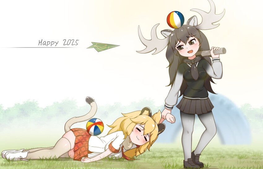 2025 2girls :3 animal_ears antlers ball beachball blonde_hair blush boots brown_eyes brown_footwear brown_hair brown_scarf brown_skirt brown_sweater chis_(js60216) closed_eyes dragging fur_collar gradient_sweater grey_pantyhose grey_sweater hair_between_eyes highres holding_hands horns kemono_friends lion_(kemono_friends) lion_ears lion_girl lion_tail loafers long_hair long_sleeves looking_at_another moose_(kemono_friends) moose_antlers moose_ears moose_girl moose_tail multiple_girls necktie open_mouth pantyhose paper_airplane plaid_clothes plaid_necktie plaid_skirt plaid_trim pleated_skirt red_necktie red_skirt red_trim scarf shirt shoes short_sleeves sidelocks skirt smile sweater t-shirt tail thighhighs white_footwear white_fur white_shirt white_thighhighs zettai_ryouiki