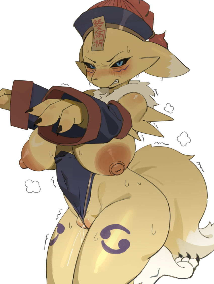 1girl absurdres alternate_breast_size_(larger) animal_ears animal_nose black_sclera blue_eyes blush body_fur claws clenched_teeth colored_sclera digimon digimon_(creature) embarrassed fox_ears fox_girl fox_tail frontal_wedgie furry furry_female hat highres jiangshi_costume neck_fur nipples ofuda ofuda_on_head partially_visible_vulva pussy_juice qingdai_guanmao renamon simple_background sleeves_past_fingers sleeves_past_wrists snout standing standing_on_one_leg tail teeth trembling two-tone_fur wedgie white_fur yellow_fur zhou135627