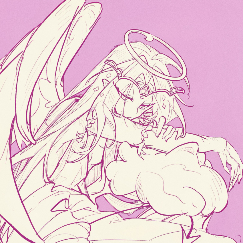 1girl angel angel_wings breasts colored_skin cookie_run cookie_run:_kingdom demon_girl demon_wings dress eternal_sugar_cookie highres long_hair pink_hair pink_skin pink_theme sideboob siguajun201802 small_breasts solo very_long_hair white_dress wings