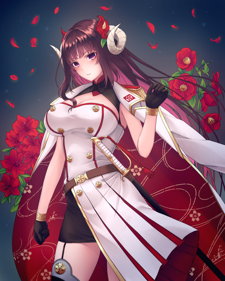 1girl absurdres asymmetrical_clothes asymmetrical_skirt azur_lane black_gloves black_thighhighs breasts brown_skirt buttons cleavage coat coat_on_shoulders curled_horns double-breasted epaulettes flower gloves highres horns large_breasts long_hair looking_at_viewer nameko_houshi purple_eyes purple_hair red_flower sakura_empire_(emblem) sakuramon sheath sheathed skirt solo suruga_(azur_lane) thighhighs very_long_hair white_coat white_skirt