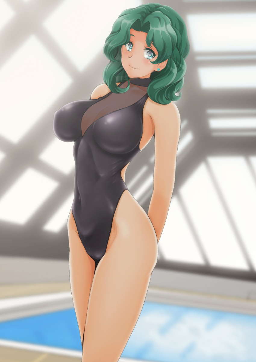 1girl absurdres aqua_eyes arms_behind_back bishoujo_senshi_sailor_moon black_one-piece_swimsuit breasts casual_one-piece_swimsuit commentary_request covered_navel green_hair highres indoors kaiou_michiru large_breasts medium_breasts nanashi_noiji one-piece_swimsuit parted_bangs pool rei_no_pool solo swimsuit turtleneck wavy_hair