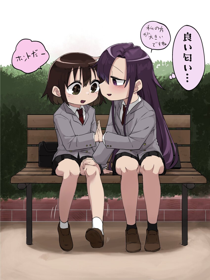 2girls absurdres bag bench blush brown_hair bush fusuma_(suwaru_boom) goshiki_agiri highres kill_me_baby long_hair multiple_girls necktie open_mouth oribe_yasuna outdoors park_bench purple_eyes purple_hair school_bag school_uniform short_hair sitting skirt smile translated yuri