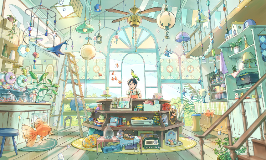 1girl absurdly_detailed_composition air_bubble animal animal_on_head antique_phone apron arm_on_table balcony ball banner basket bench bird bird_on_head book bowl box bubble cabinet camera candle candlestand candy ceiling_fan ceiling_light closed_mouth coffee_mug collared_shirt commentary commentary_request cup day dial doll doll_house drawer drawstring elbow_rest english_commentary fantasy fern fish flying_fish food glass glass_jar globe green_bird green_eyes grey_eyes grey_hair hanging_light highres indoors jar ladder lamp loaded_interior lollipop looking_at_viewer mirror mobile mug on_head open_drawer orange_apron original painting_(object) parchment parrot phone phonograph photo_(object) pillow plaid_tablecloth plant plate postcard potted_plant radio radio_antenna railing rotary_phone rubber_duck rug school_of_fish shelf shirt shop short_hair short_sleeves sign smile solo stained_glass stairs stool straight-on tablecloth tape teapot toti_(lanaq) transparent transparent_animal tree vase very_wide_shot vinyl_record window wooden_floor wooden_railing wooden_stairs wristband