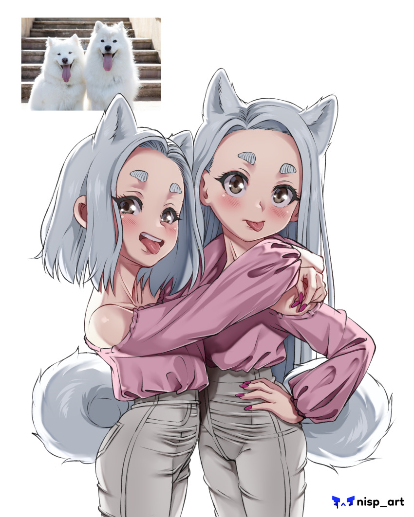 1girl 2girls absurdres animal_ears dog dog_ears dog_girl dog_tail hand_on_own_hip highres hug humanization looking_at_viewer multiple_girls nisp_art off-shoulder_shirt off_shoulder original photo-referenced reference_inset shirt tail thick_eyebrows tongue tongue_out white_background white_hair