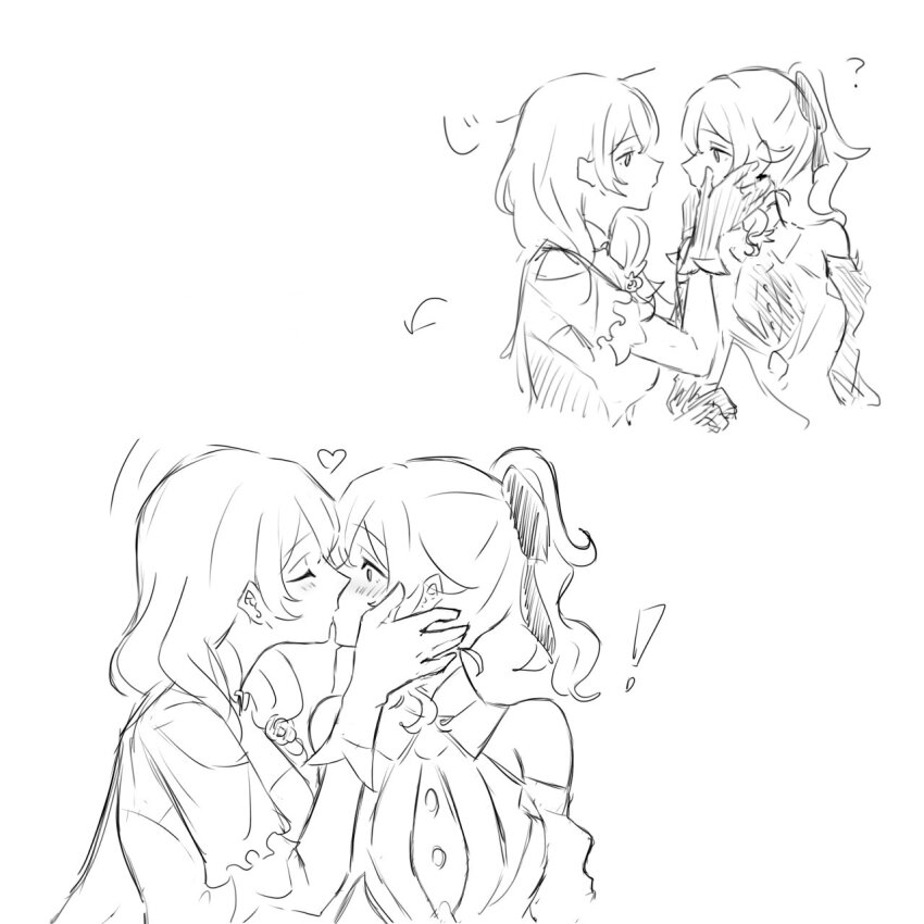 ! 2girls blush commentary_request dress genshin_impact gloves greyscale heart highres jean_(genshin_impact) kiss lisa_(genshin_impact) long_hair monochrome multiple_girls ponytail yumiluna25 yuri