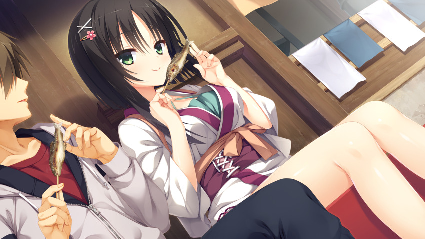 1boy 1girl architecture arichi_masaomi bare_legs black_hair blush breasts brown_hair cherry_blossoms closed_mouth dutch_angle east_asian_architecture eyes_visible_through_hair fingernails fish_(food) flower food fried_fish game_cg green_eyes green_undershirt hair_between_eyes hair_flower hair_ornament hairclip hands_up highres hitachi_mako holding holding_food japanese_clothes kimono large_breasts long_sleeves looking_at_another looking_to_the_side muririn no_eyes official_art orange_sash outdoors parted_bangs purple_sash sash senren_banka shiny_skin short_hair short_hair_with_long_locks sidelocks smile straight_hair white_kimono wide_sleeves x_hair_ornament yuzu-soft