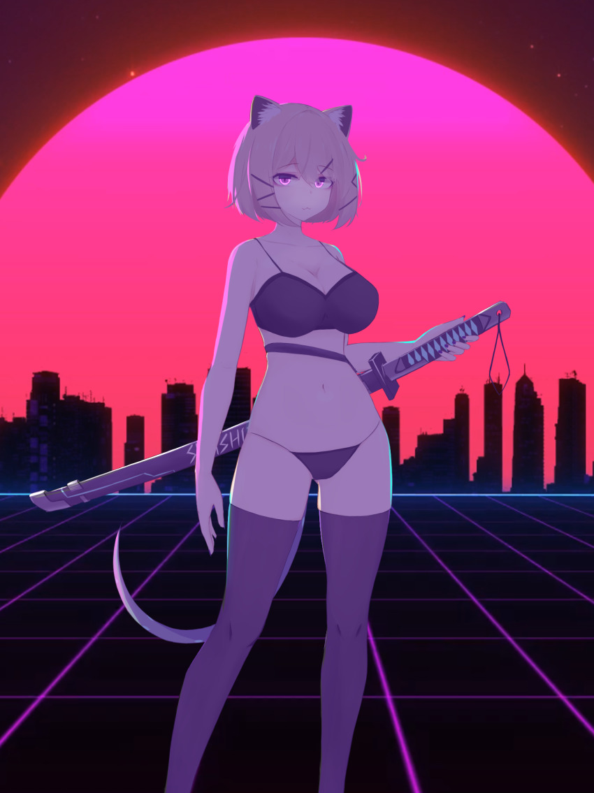 1girl :3 animal_ear_fluff animal_ears arknights arm_at_side black_bra black_panties black_thighhighs blonde_hair bra breasts cleavage closed_mouth collarbone cyberpunk feet_out_of_frame grey_tail grid hair_between_eyes hair_ornament hairclip highres holding holding_sword holding_weapon katana large_breasts light_smile looking_at_viewer navel neko_(solution1988) panties pink_eyes sheath sheathed short_hair solo sun sword synthwave tail thighhighs underwear underwear_only utage_(arknights) weapon x_hair_ornament