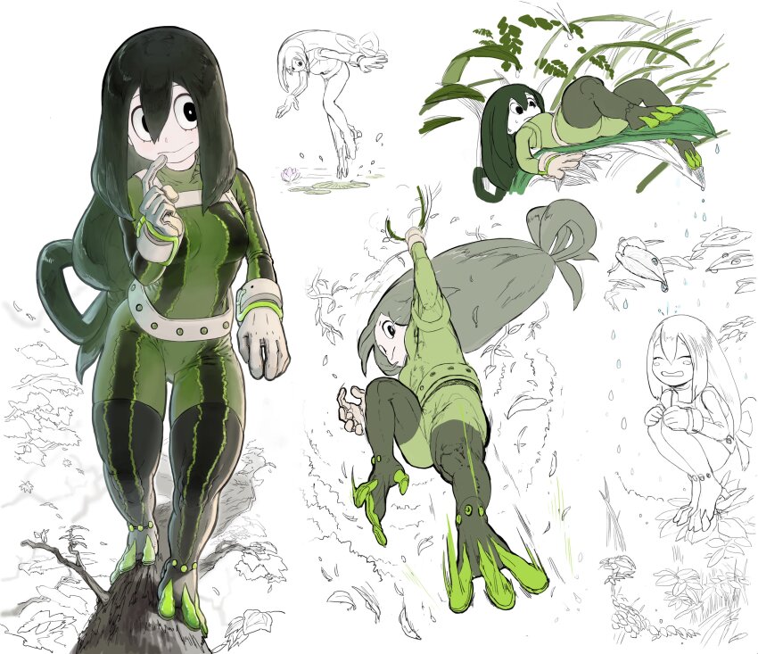 1girl 666frafra absurdres asui_tsuyu black_eyes bodysuit boku_no_hero_academia commentary_request frog_girl green_bodysuit highres leaf long_hair multiple_views rain solo superhero_costume