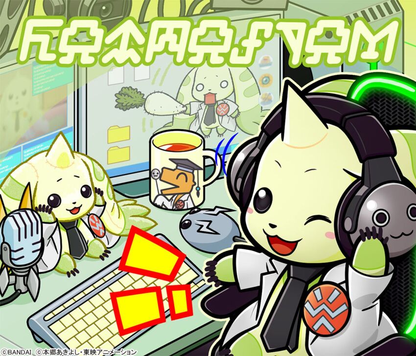 agumon_hakase choromon coat digimon digimon_(creature) hatsune_miku highres horns mamemon meme necktie official_art one_eye_closed solo terriermon_assistant vocaloid