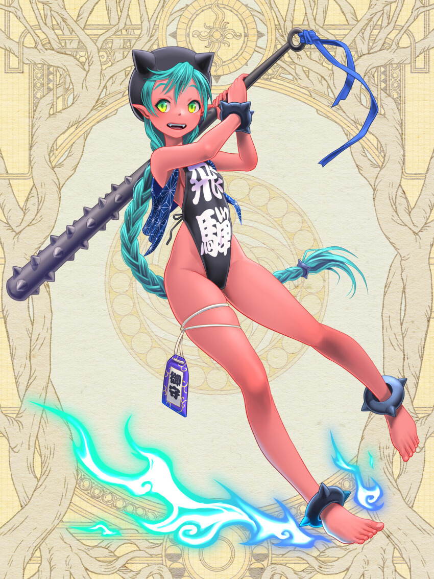 1girl anklet aqua_hair barefoot blue_jacket bracelet braid braided_ponytail breasts charm_(object) club club_(weapon) colored_skin dairoku_ryouhei fire full_body green_eyes highres jacket jewelry kanabou long_hair momozono_mitsu morisawa_tomohiro one-piece_swimsuit pointy_ears red_skin sleeveless sleeveless_jacket small_breasts solo spiked_anklet spiked_bracelet spikes swimsuit weapon