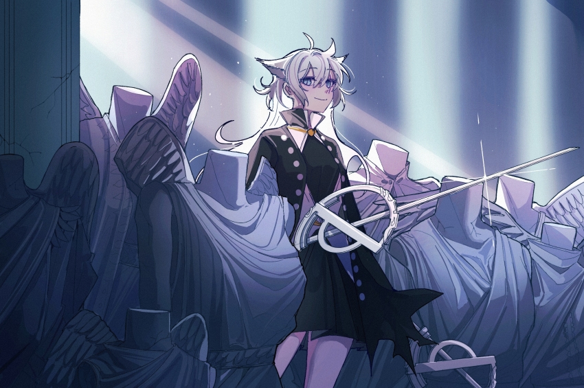 1girl animal_ears arknights black_jacket black_shirt black_skirt blue_eyes buttons chinese_commentary closed_mouth commentary_request cowboy_shot glint hair_between_eyes highres holding holding_sword holding_weapon jacket lappland_(arknights) lappland_(refined_horrormare)_(arknights) light_particles light_rays long_hair looking_at_viewer official_alternate_costume shirt skirt smile solo standing statue sword wangchuan weapon white_hair wolf_ears wolf_girl