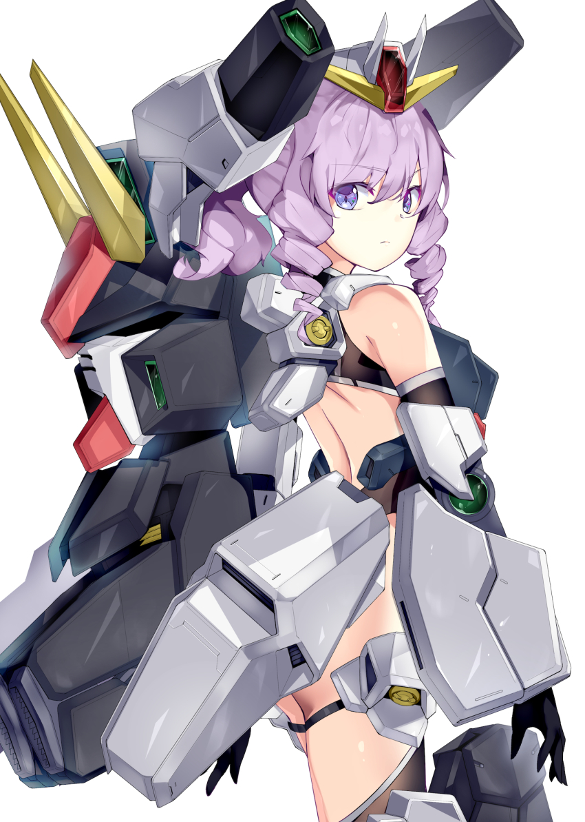 1girl black_gloves closed_mouth drill_hair gloves gundam gundam_00 gundam_seravee highres i.takashi looking_at_viewer mecha_musume personification purple_eyes purple_hair solo twin_drills white_background