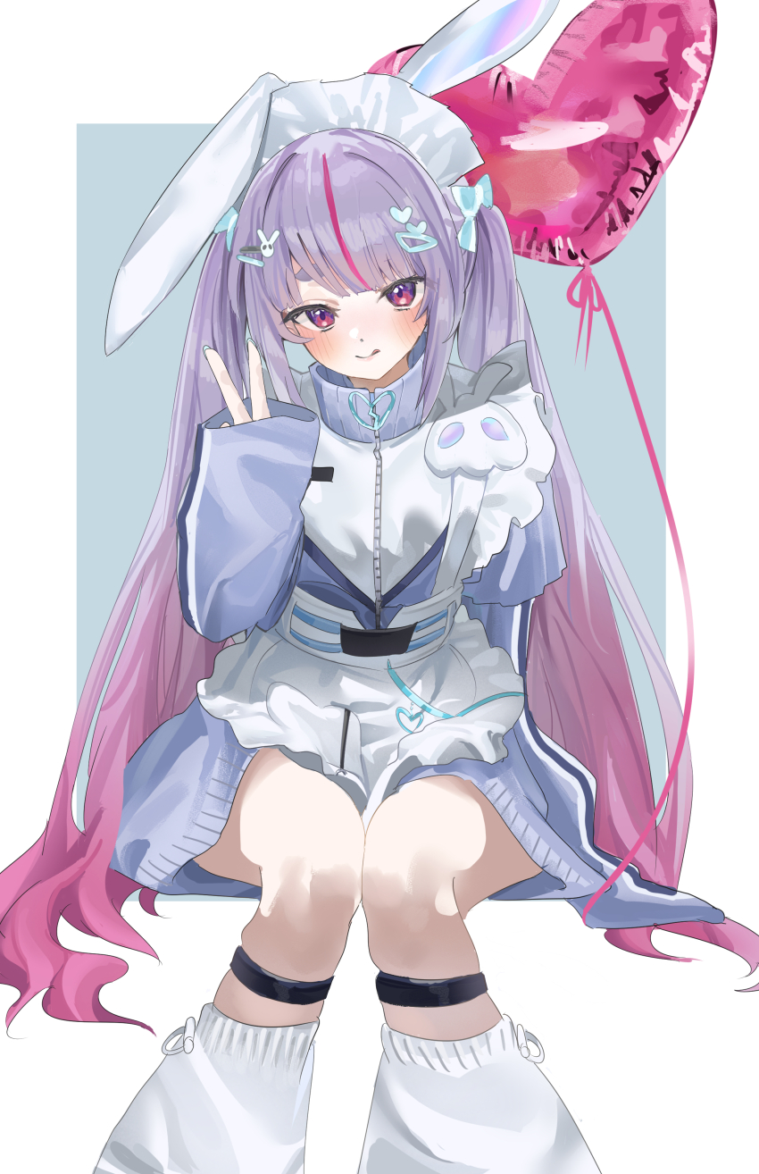 1girl absurdres animal_ears apron commentary_request feet_out_of_frame frilled_hair_tubes frills hair_ornament hair_ribbon hair_tubes heart highres inu_lin invisible_chair jersey_maid long_hair maid maid_apron maid_headdress multicolored_hair pink_eyes pink_hair purple_hair rabbit_ears revision ribbon simple_background single_ear_down sitting smile solo thighs tosaki_mimi tosaki_mimi_(4th_costume) twintails two-tone_hair unconventional_maid v virtual_youtuber vspo! white_apron