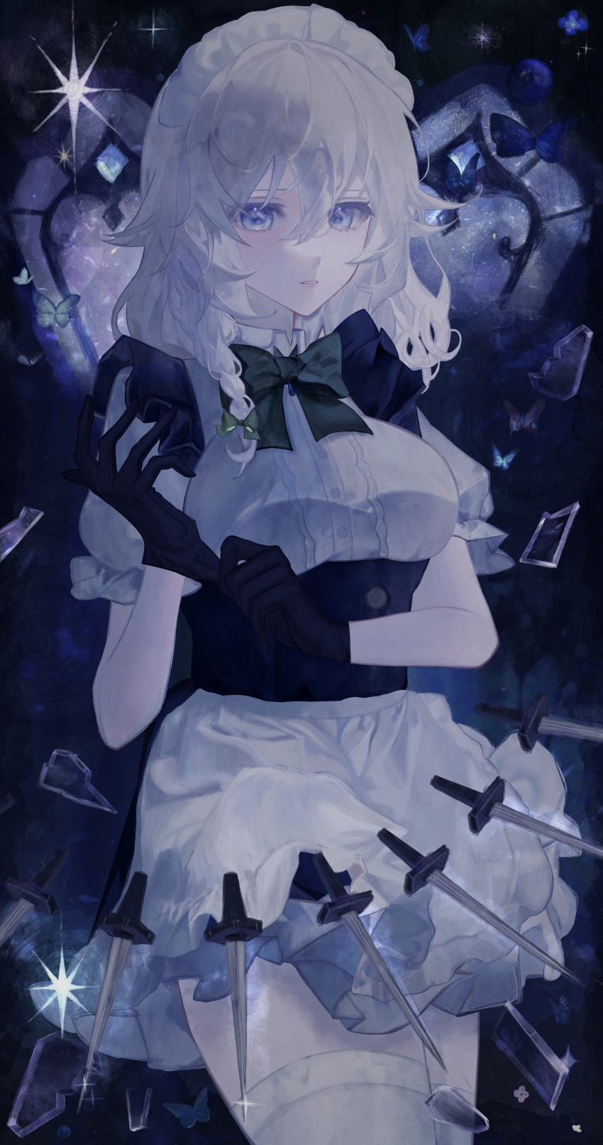 1girl absurdres apron black_dress black_gloves blue_hair braid breasts commentary_request dress expressionless frills gloves hair_between_eyes highres izayoi_sakuya looking_at_viewer maid maid_apron maid_headdress medium_breasts medium_hair minamo_kyoka multiple_knives parted_lips shirt solo thighhighs thighs touhou twin_braids white_hair white_shirt white_thighhighs