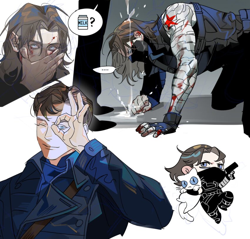 1boy 1other ? all_fours animal animal_ears belt black_belt black_bodysuit black_boots black_gloves black_mask blood blood_on_hands blue_eyes blue_jacket bodysuit boots brown_belt brown_hair bucky_barnes buttons captain_america:_the_first_avenger captain_america:_the_winter_soldier captain_america_(series) cat cat_ears cat_tail chibi clenched_hand closed_mouth commentary_request covered_mouth covering_own_mouth fingerless_gloves fingernails full_body gloves gun hand_on_own_face hand_up handgun highres holding holding_animal holding_gun holding_weapon jacket karmaho korean_commentary lapels long_sleeves looking_at_viewer looking_down male_focus marvel marvel_cinematic_universe mask military_jacket milk milk_carton mouth_mask multiple_views one_eye_closed pants pet prosthesis prosthetic_arm shoes short_hair simple_background single_glove smile speech_bubble star_(symbol) tail upper_body v-shaped_eyebrows weapon white_background white_cat winter_soldier