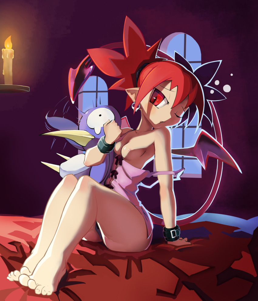 1girl absurdres animal animal_hug bare_shoulders barefoot bed_sheet bird black_eyes breasts candle collarbone commission constricted_pupils cuffs demon_girl demon_tail demon_wings disgaea dress earrings etna_(disgaea) feet female_focus fire full_body hair_tie highres indoors jewelry legs legs_together looking_at_viewer nipples noconcession on_bed one_eye_closed open_mouth pear-shaped_figure penguin pink_dress pointy_ears prinny red_eyes red_hair red_wings shackles short_dress short_hair sidelocks sitting skull_earrings small_breasts solo_focus spaghetti_strap strangling strap_slip tail tail_raised tears thick_thighs thighs toes twintails window wings