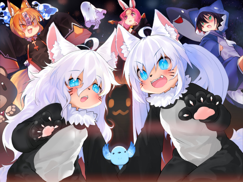1other 4girls :d :o ahoge animal_ear_fluff animal_ears animal_hands animal_hood animal_nose bird black_dress black_gloves black_hair blue_bird blue_eyes cat_ears commentary_request cosplay dress facial_mark fake_claws fake_tail fins fish_tail fox_ears gloves green_eyes hair_between_eyes halloween halloween_costume highres hood hood_up jiangshi_costume kigurumi long_hair long_sleeves looking_at_viewer multiple_girls ofuda ofuda_on_head onesie open_mouth orange_eyes orange_hair original parted_bangs paw_gloves pink_eyes pink_hair rabbit_ears sailor_collar shark_hood shark_tail sharp_teeth sleeves_past_fingers sleeves_past_wrists slit_pupils smile tail teeth toba_hiyoko twintails very_long_hair whisker_markings white_hair white_sailor_collar