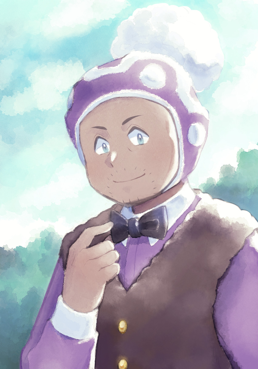 1boy beanie bow bowtie brown_vest buttons closed_mouth collared_shirt commentary_request dark-skinned_male dark_skin day facial_hair grey_eyes hand_up hat highres professor_laventon long_sleeves looking_at_viewer male_focus neocerapaima nintendo outdoors pokemon pokemon_legends:_arceus purple_hat purple_shirt shirt smile solo stubble upper_body vest