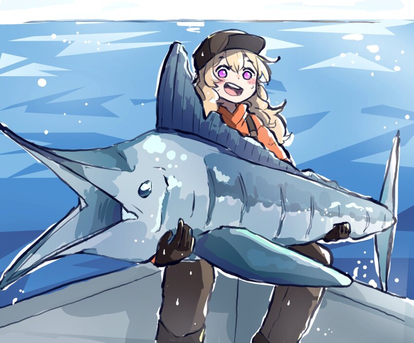 1girl animal aoimisaka baseball_cap black_gloves black_hat blonde_hair blush_stickers brown_pants commentary english_commentary feet_out_of_frame fish fishing_gear gloves hair_between_eyes hat highres holding holding_animal holding_fish jacket long_hair long_sleeves looking_down marlin_(fish) ocean official_alternate_costume open_mouth orange_jacket outdoors pants purple_eyes saijou_claudine shoujo_kageki_revue_starlight shoujo_kageki_revue_starlight_-re_live- shoulder_strap sitting teeth upper_teeth_only water_drop