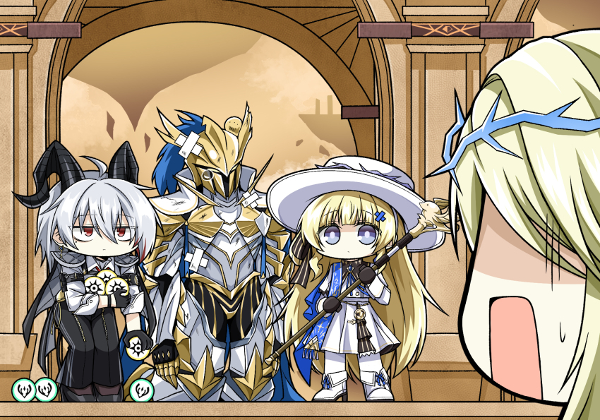 1other 3girls ahoge armband black_armband black_gloves black_horns black_jacket black_pants blonde_hair cadanto_(wuthering_waves) cartethyia_(wuthering_waves) commentary_request crown_of_thorns curled_horns gloves hair_between_eyes hair_ornament hat highres holding holding_staff horns jacket jacket_on_shoulders jazz9207 korean_commentary long_sleeves looking_at_viewer mole mole_under_eye multiple_girls open_mouth pants pantyhose phoebe_(wuthering_waves) red_eyes revision shirt skirt staff surprised tacet_discord_(wuthering_waves) white_hat white_pantyhose white_shirt white_skirt wuthering_waves x_hair_ornament zani_(wuthering_waves)
