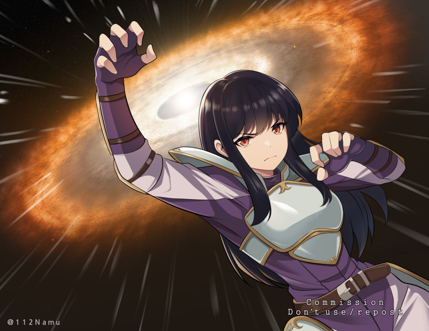 &gt;:( 1girl angry arm_up armor artist_name astrid_(fire_emblem) black_hair black_hole breastplate claw_pose commission fingerless_gloves fire_emblem fire_emblem:_path_of_radiance gloves highres long_hair looking_at_viewer namu_(112namu) nintendo orange_eyes pauldrons pixiv_commission shoulder_armor solo space v-shaped_eyebrows
